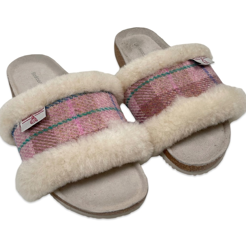 Bedroom Athletics Harris Tweed Slippers Womens 8 Pink Plaid Shearling‎ Slides